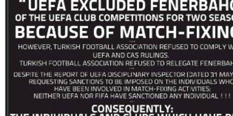 Gazete İlanı İle Uefa Ve Fifa'yıTürkiye'deki Şike Olayları İle İlgili Göreve Çağırdılar - Turkish Anti-Corruption Platformu, UEFA ve FİFA'yı İsviçre'de bir gazeteye verdikleri ilanla Türkiye'deki şike olayları ile ilgili göreve çağırdı