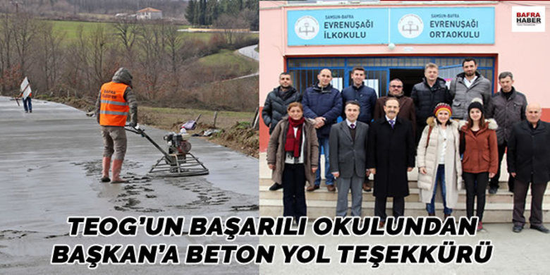 Teog`un Başarılı Okulu Evrenuşağı`ndanBaşkan Şahin`e Beton Yol Teşekkürü - Bafra Belediye Başkanı Zihni Şahin, Evrenuşağı Mahallesindeki beton yol çalışmalarını yerinde inceledi. İncelemeler sırasında Mahalle Muhtarı Erdoğan Akın da bulundu.
