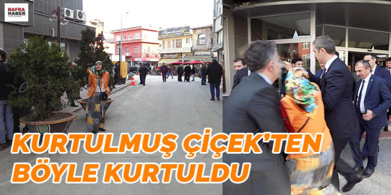 Kurtulmuş Çiçek`ten Böyle Kurtuldu - Oktay Zerrin-Bafra - Önceki yıllarda Bafra Bağımsız Belediye Başkan Adayı olan Bafralı Zeynep Çiçek, Başbakan Yardımcısı ve Hükümet Sözcüsü Numan Kurtulmuş`un Bafra`daki konferansı için kendisini karşılama esnasında tüm dikkatleri üzerine çekti.