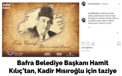 Bafra Belediye Başkanı Hamit Kılıç’tan, Kadir Mısıroğlu İçin Taziye