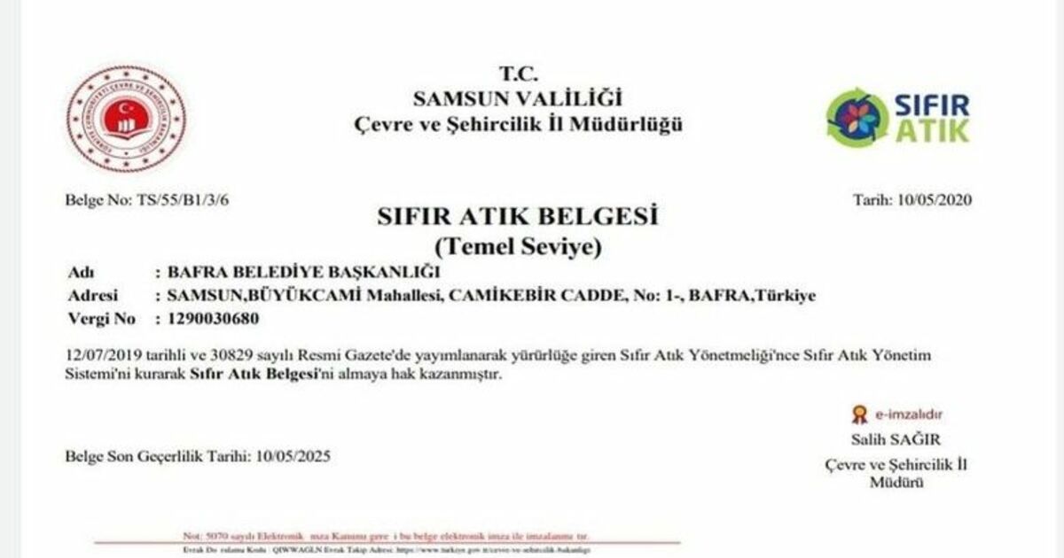 Bafra Belediyesi’ne "Sıfır Atık Belgesi"
