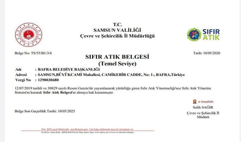 Bafra Belediyesi’ne "Sıfır Atık Belgesi" - Bafra Belediyesi, Cumhurbaşkanı Recep Tayyip Erdoğan’ın eşi Emine Erdoğan’ın himayelerinde, Çevre ve Şehircilik Bakanlığı tarafından ülke genelinde yürütülen ‘Sıfır Atık Projesi’ne verdiği destek ve yerine getirdiği yükümlülüklerinden dolayı "Sıfır Atık Belgesi" almaya hak kazandı.