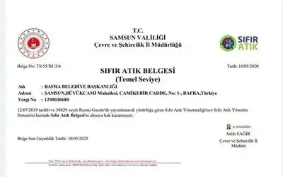 Bafra Belediyesi’ne "Sıfır Atık Belgesi"