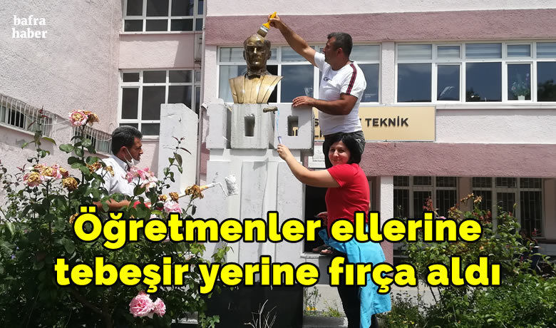 Öğretmenler ellerine tebeşir yerine fırça aldı - Samsun Bafra Mesleki ve Teknik Anadolu Lisesi okul idareci ve personeli okul bahçesinin bakım onarımını yaptı.