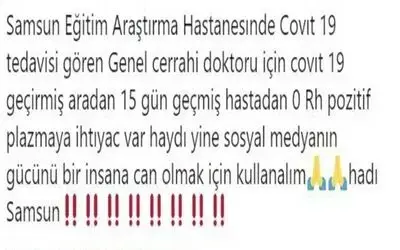 Samsun’da Kovid-19’a yakalanan doktora plazma bağışçısı aranıyor

