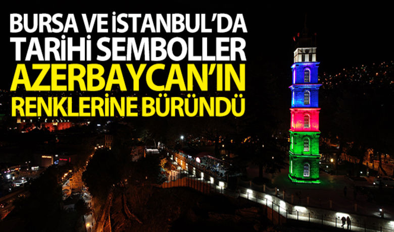 Bursa ve İstanbul'da tarihisemboller Azerbaycan'ın renklerine büründü - Bursa'nın sembolü olan Tophane'deki 115 yıllık tarihi saat kulesi, Azerbaycan'a destek için kırmızı, yeşil, mavi renklere büründü. Tarihi şehir ile birlikte saat kulesinin Azerbaycan Bayrağı'nın renklerine büründüğü o anlar havadan görüntülendi. Sosyal medyadaki paylaşımların ardından Bursalılar ellerinde Türk ve Azerbaycan bayraklarıyla Tophane'ye akın edip hatıra fotoğrafı çektirdi, Azerbaycan'a "yalnız değilsin" mesajı verdiler.BUGÜN NELER OLDU?
