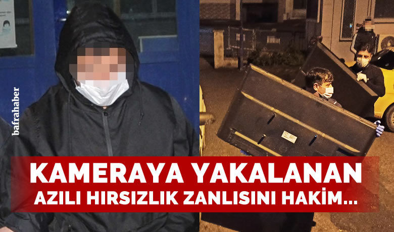 Kameraya yakalanan hırsızlıkzanlısı hakim karşısında - Samsun’un Bafra ilçesinde 3 televizyon, 2 cep telefonu ve 1 laptop ile 1 motosiklet hırsızlığına karışan zanlı tutuklandı.