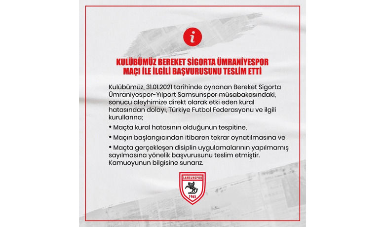Samsunspor’dan TFF’ye başvuru: Kural hatasıtespiti ve maçın tekrarı istendi - Samsunspor Kulübü, Ümraniyespor maçı ile ilgili başvurusunu Türkiye Futbol Federasyonu’na (TFF) teslim etti. Samsunspor, kural hatası tespiti ve maçın tekrarını istedi.