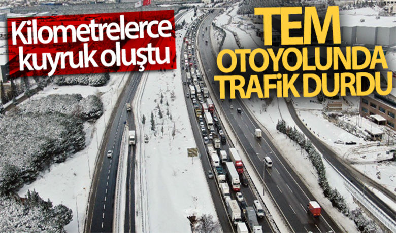 TEM otoyolunda trafikdurdu: Kilometrelerce kuyruk oluştu - İstanbul’da etkili olan kar yağışı hayatı olumsuz etkiledi. Yoğun kar yağışı nedeniyle İstanbul çıkışında Tem otoyolu Tuzla mevkiinde trafik kilitlendi. Kilometrelerce araç kuyruğu oluşurken, yoğun trafik havadan görüntülendi.
