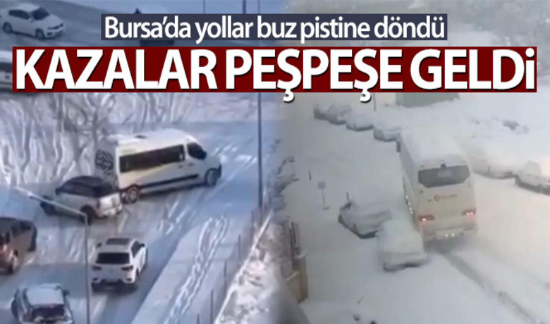 Bursa'da yollar buz pistinedöndü, kazalar peşpeşe böyle yaşandı - Bursa'da dün geceden beri etkili olan kar yağışı hava sıcaklığının eksi 4'e düşmesiyle yolları buz pistine çevirdi. Belediye ekipleri ana arterleri sürekli temizleyip tuzlama çalışması yaparken, ara caddelerde sıkıntılar yaşandı. Balat ve Hamitler mahallelerinde yolların buz pistine dönmesiyle sürücüler araçlarını kontrol edemedi. Onlarca maddi hasarlı kaza meydana gelirken, o ânlar kameralara yansıdı.