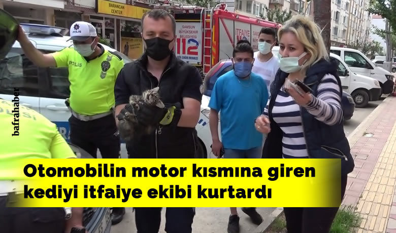 Otomobilin motor kısmına girenkediyi itfaiye ekibi kurtardı
