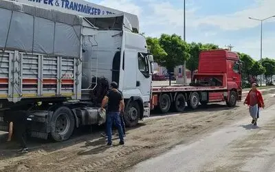 Köpeğe çarpmamak için manevra yapan tır refüje çıktı
