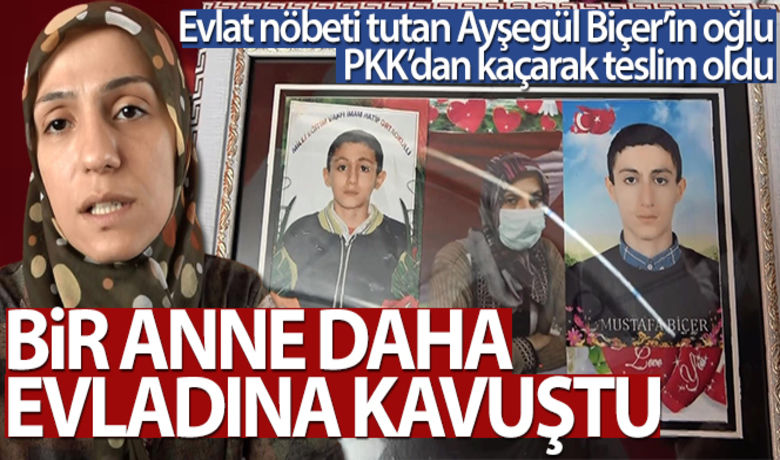 Evlat nöbeti tutan Ayşegül Biçer'inoğlu, PKK'dan kaçarak teslim oldu - Diyarbakır’da çocukları terör örgütü PKK tarafından dağa kaçırılan ailelerin evlat nöbeti sürerken, eyleme başlamadan 10 ay önce oğlu Mustafa 17 yaşındayken dağa kaçırılan anne Ayşegül Biçer, oğlunun teslim olduğu haberini alınca mutluluktan baygınlık geçirdi. İhlas Haber Ajansına (İHA) konuşan anne Biçer, oğlunun teslim olması için mücadele verdiğini ve bu mücadelenin sonunda oğluna kavuşacağı için çok mutlu olduğunu anlattı.