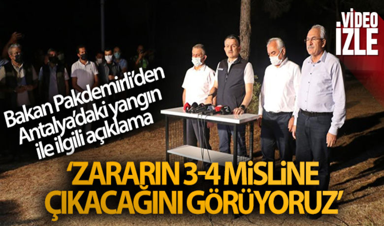 Bakan Pakdemirli: 'Akşam saatlerinde 600 hektar kadarzarar tespit ettik ancak 3-4 misline çıkacağını görüyoruz' - Antalya’nın Manavgat ilçesindeki yangına ilişkin son durumu bildiren Tarım ve Orman Bakanı Bekir Tarım ve Orman Bakanı Bekir Pakdemirli, “Henüz kontrol altına alınmamakla beraber, fazla sayıda odağın olması ve bunlarla mücadele ediliyor olması şuanda yangını tamamen kontrol altına almamız konusunda işimizi zorlaştırıyor” açıklamasını yaptı. Pakdemirli, akşam saatlerinde 600 dönüm olarak gördükleri alan zararının 3-4 misline çıkabileceğini kaydetti.