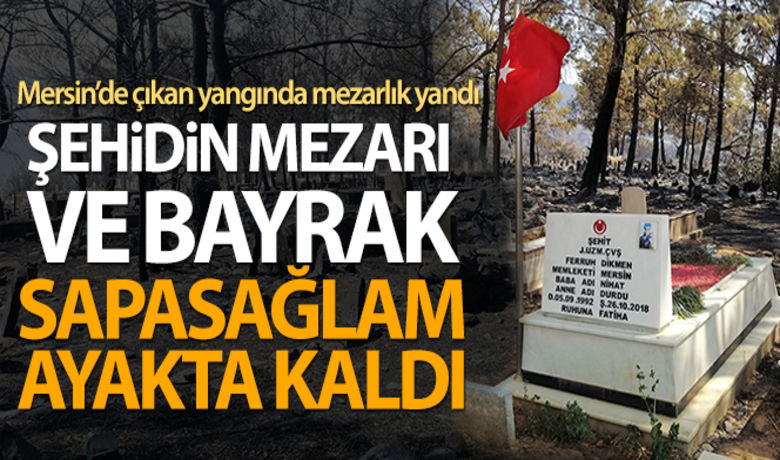 Mezarlık yandı, şehidin mezarıve bayrak sapasağlam ayakta kaldı - Mersin'in Silifke ilçesinde dünden bu yana devam eden orman yangınında, Yeşilovacık Mahallesi'ndeki mezarlık yanarak tahrip olurken, 2018 yılında Tunceli'de şehit düşen Uzman Çavuş Ferruh Dikmen'in mezarı ve başucundaki Türk bayrağı sapasağlam ayakta kaldı.