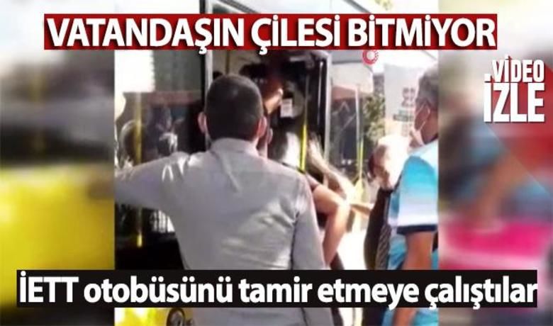 İstanbul Büyükşehir Belediyesindevatandaşın otobüs çilesi bitmiyor - İstanbul Büyükşehir Belediyesinde vatandaşların otobüs çilesi bitmiyor. Bugün ortaya çıkan görüntüde vatandaşların kapısı arızalanan bir İETT otobüsünü tamir etmeye çalıştığı görüldü.