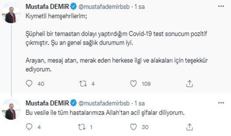 Başkan Mustafa Demir koronaya yakalandı
 - Samsun Büyükşehir Belediye Başkanı Mustafa Demir, Kovid-19’a yakalandığını duyurdu.