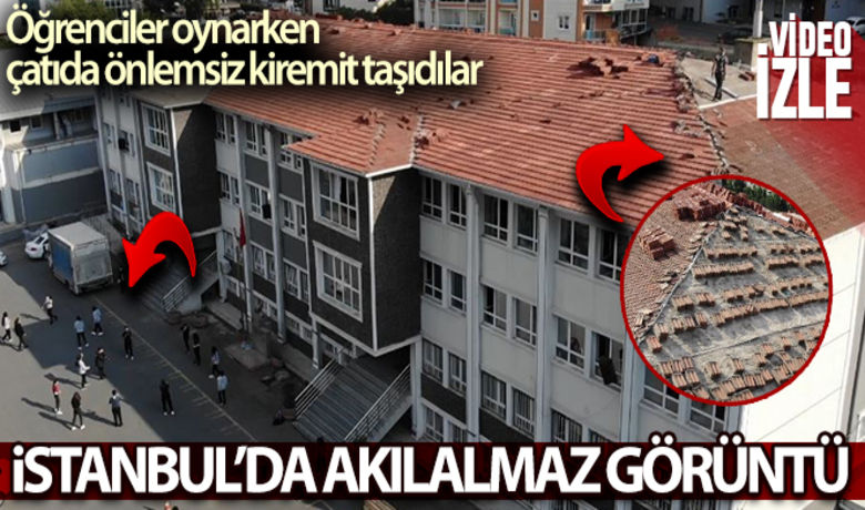 İstanbul'da akılalmaz görüntü - Kağıthane’de bir okulun çatısında hiçbir güvenlik önlemi olmadan çalışan işçiler yürekleri ağza getirdi. Ölüme adeta davetiye çıkartan işçilerin bahçede öğrenciler oynadığı esnada aşağıya kiremit attığı anlar kameralara yansıdı. Tehlikeli çalışma havadan da görüntülendi.