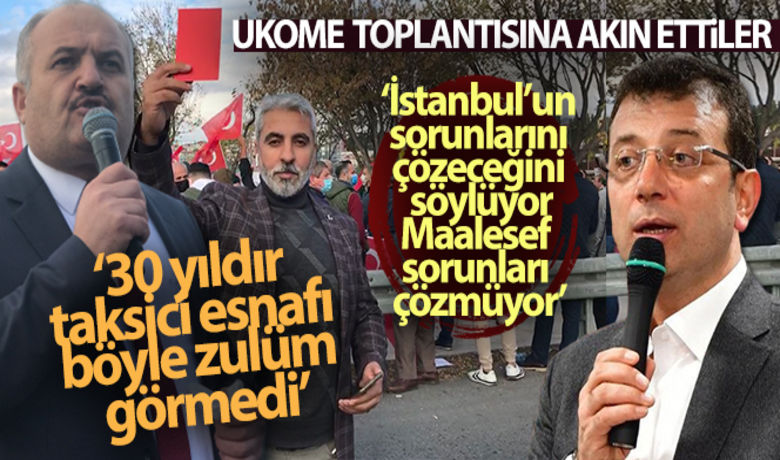 İstanbul'da taksiciler UKOMEtoplantısına akın etti - İBB’nin taksi düzenlemesini 10. kez UKOME’ye götürmesi üzerine İstanbul’da bulunan taksicilerin toplantının yapıldığı Dr. Mimar Kadir Topbaş Gösteri ve Sanat Merkezi’ne akın etti. Toplantı öncesinde açıklamada bulunan İstanbul Taksiciler Esnaf Odası Başkanı Eyüp Aksu, “İdareye kırmızı kart gösteriyoruz. 30 yıldır taksici esnafı, ulaşım sektörü böyle bir zulüm görmedi” dedi.