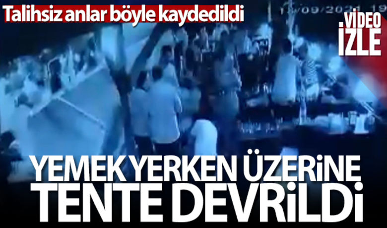 İstanbul'da akıl almaz olay kamerada:Yemek yerken üzerine tente devrildi - Sarıyer’de bir restoranda yemek yiyen kadının üzerine şiddetli rüzgar sonucu devrilen tente düştü. Olay anı kameralara yansırken, yaralanan kadın ambulansla hastaneye kaldırıldı.