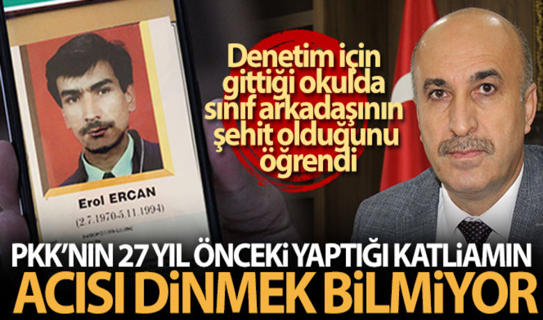 PKK'nın 27 yıl öncekikatliamının acısı dinmek bilmiyor - Mardin İl Milli Eğitim Müdürü Mehmet Polat, üniversiteden sınıf arkadaşı olan Erol Ercan'ın Savur ilçesinde 4 Kasım 1994 yılında terör örgütü PKK mensuplarınca düzenlenen saldırıda şehit olduğunu, okul ziyaretinde öğrendi. Şehit öğretmen Erol Ercan’ı anlatırken duygu dolu anlar yaşayan Polat, "Erol bey üniversitede sessiz, sakin, mülayim biriydi. Hala duygulanıyorum” dedi.