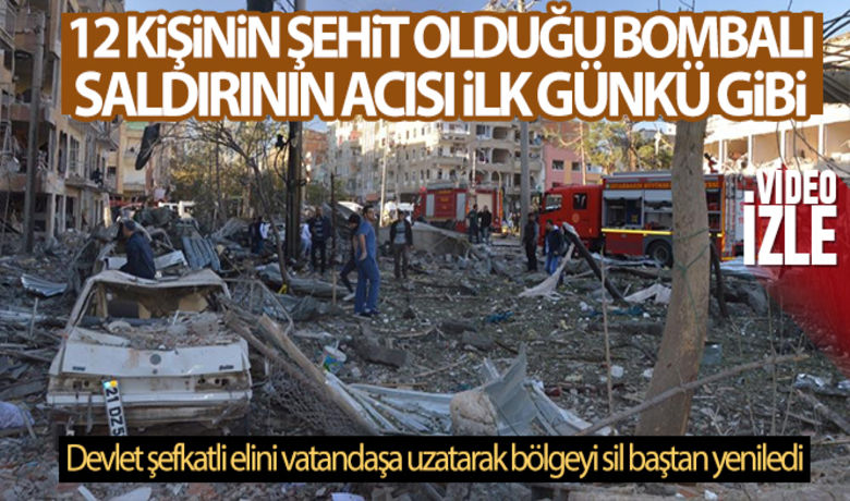 Diyarbakır'da 12 kişinin şehit olduğu bombalıaraç saldırısının acısı ilk günkü gibi - Diyarbakır'ın Bağlar ilçesinde 4 Kasım 2016 tarihinde terör örgütü PKK tarafından Diyarbakır İl Emniyet Müdürlüğüne ait Terörle Mücadele ve Çevik Kuvvet şube müdürlükleri binasının bulunduğu cadde üzerinde bombalı araçla yapılan saldırıda 8’i sivil 12 kişi şehit olurken olay sonrası devlet şefkatli elini vatandaşlara uzatarak yaraları kısa sürede sardı.