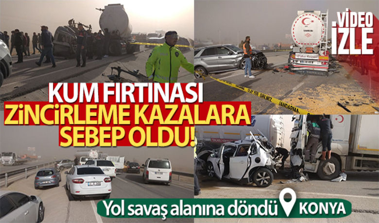 Konya'da kum fırtınasızincirleme kazaya sebep oldu - Konya'da kum fırtınası zincirleme kazalara sebep oldu. Konya Ankara Karayolunda çok sayıda aracın karıştığı zincirleme trafik kazasında ilk belirlemelere göre 8 kişi yaralandı.