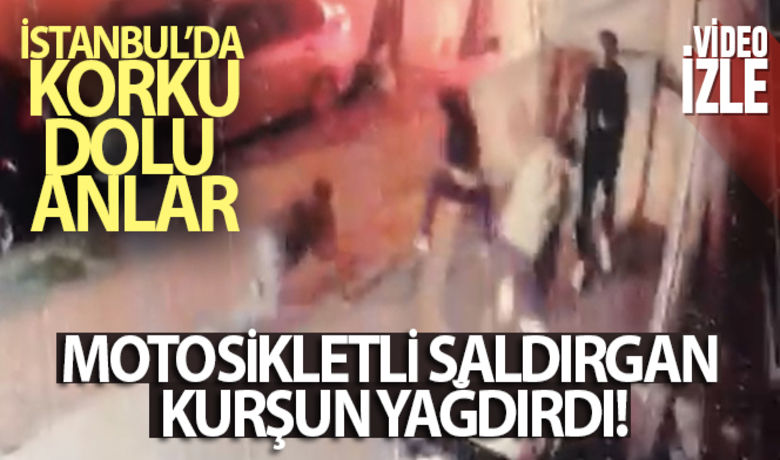 İstanbul'da korku dolu anlar:Motosikletli saldırgan kurşun yağdırdı - Kağıthane’de motosikletli 2 saldırgan, kaldırımda bekleyenler olduğu esnada işyerine yönelik silahlı saldırı düzenledi. Korku dolu anlar kameralara yansırken, ölen ya da yaralananın olmadığı olayda saldırgan yakalandı.	Motosikletli saldırganlar kurşun yağdırdı