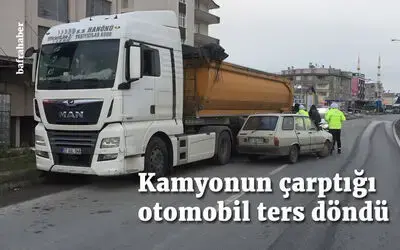 Kamyonun Çarptığı Otomobil Ters Döndü