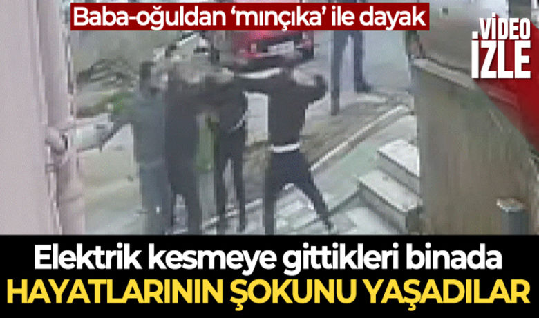 Büyükçekmece elektrik kesen görevlilere'mınçıka' ile dayak kamerada - Büyükçekmece’de kaçak elektrik kullandığı iddia edilen binaya elektrik kesmeye gelen BEDAŞ görevlileri baba-oğul tarafından "mınçıka" ile darp edildi. Yaşanan anlar güvenlik kamerası tarafından saniye saniye kaydedildi.