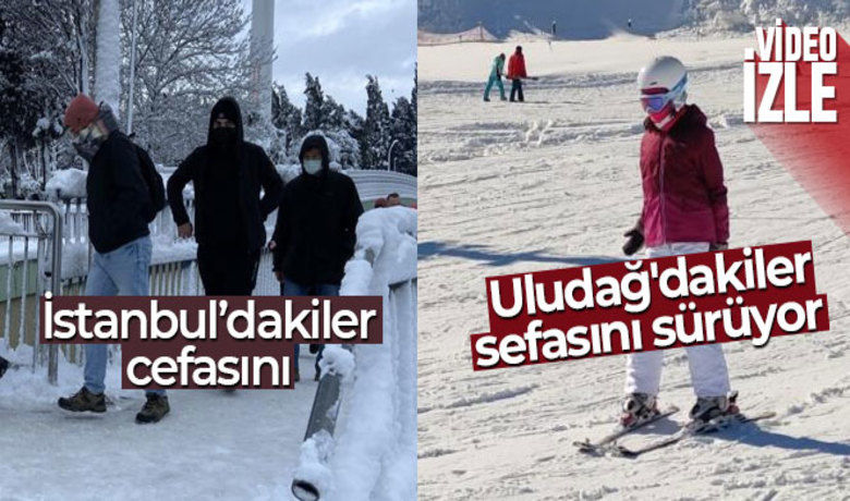 İstanbul'dakiler karın cefasınıUludağ'dakiler sefasını sürüyor - Kış turizminin önemli merkezlerinden Uludağ'da tatilciler sömestr tatilinde güzel havada pistlerde kayak yapmanın keyfini çıkarttı