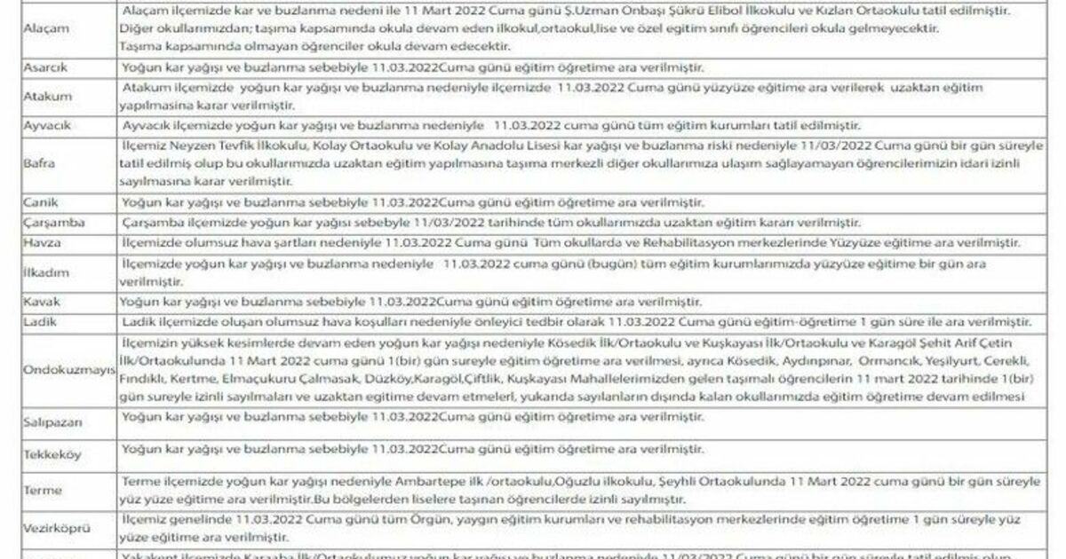 Samsun’da okullara kar tatili
