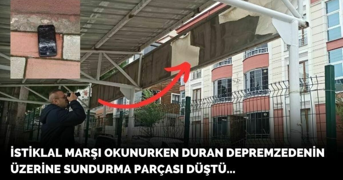 İstiklal Marşı okunurken duran depremzedenin üzerine sundurma parçası düştü