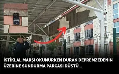 İstiklal Marşı okunurken duran depremzedenin üzerine sundurma parçası düştü