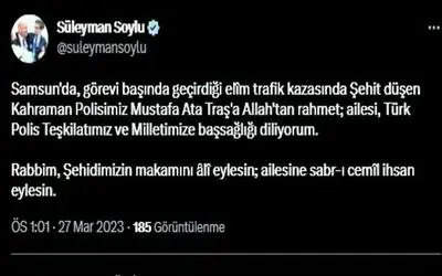 Bakan Soylu’dan Samsun’da kazada şehit olan polis memuru için başsağlığı mesajı
