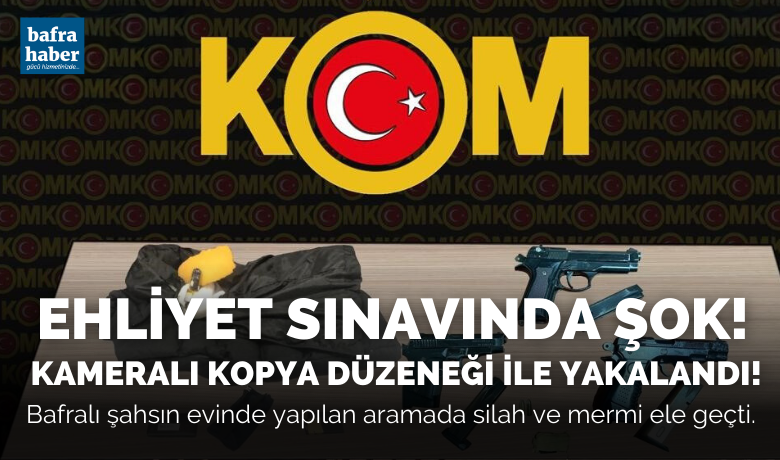 Bafralı şahıs Ehliyet sınavına girerkenkameralı kopya düzeneği ile yakalandı
