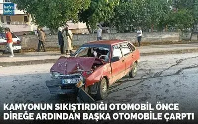Kamyonun Sıkıştırdığı Otomobil Önce Direğe Ardından Başka Otomobile Çarptı