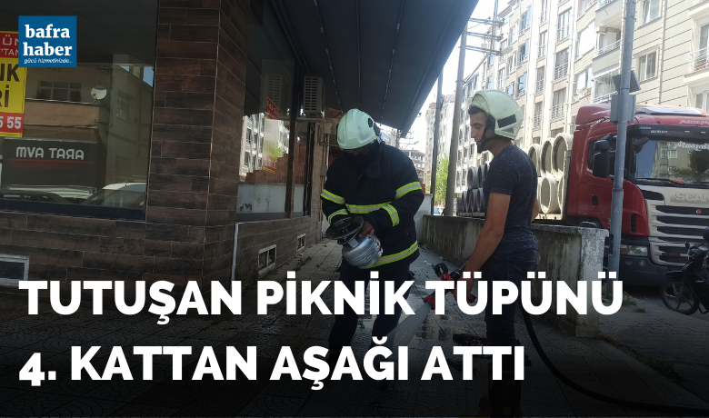 Tutuşan piknik tüpünü 4. kattan aşağı attı - Samsun’un Bafra ilçesinde bir kadın, evde tutuşan piknik tüpünü 6 katlı binanın 4. katından aşağı attı.
