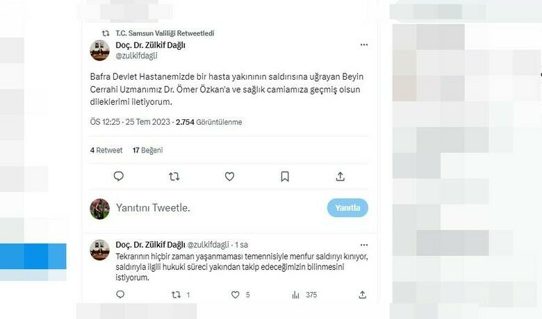 Samsun Valiliği, doktora yapılan saldırıyı kınadı
 - SAMSUN (İHA) – Samsun Valisi Doç. Dr. Zülkif Dağlı, Beyin Cerrahi Uzmanı Dr. Ömer Özkan’a yapılan saldırıyı kınadı.
