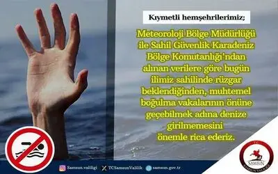 Samsun Valiliği yine uyardı: “Rüzgarlı havada denize girilmemeli”
