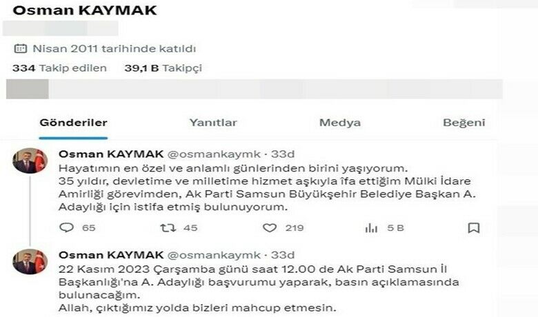 Vali Kaymak adaylık için istifa etti
 - Eski Samsun Valisi Osman Kaymak, AK Parti’den Samsun Büyükşehir Belediyesi başkan aday adayı olmak için görevinden istifa ettiğini duyurdu.