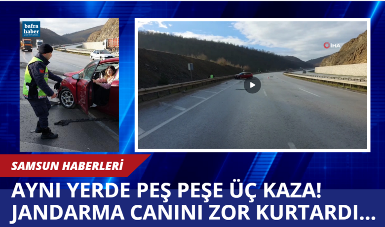 Aynı yerde peş peşe üç kaza: Kaza anı kamerada - Samsun’a aynı yerde peş peşe meydana gelen ve 2’si çocuk 3 kişinin yaralandığı trafik kazasında diş hekiminin aracıyla kayarak bariyere çarpma anı ise İHA kamerası tarafından saniye saniye görüntülendi.