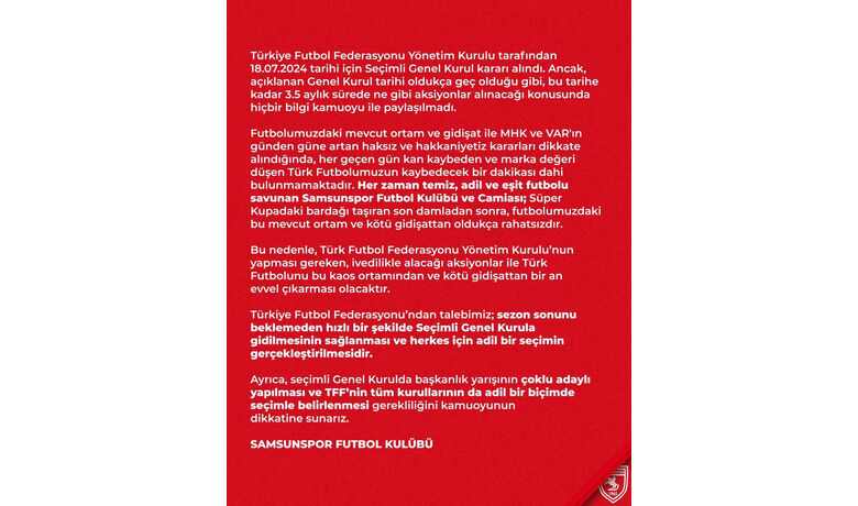 Samsunspor, TFF’yi ’acil’ seçimligenel kurula davet etti - SAMSUN (İHA) – Süper Lig ekiplerinden Samsunspor, 18 Temmuz’da seçimli genel kurul yapacak Türkiye Futbol Federasyonu’nu (TFF), ’acil’ olarak seçimli genel kurula davet etti.