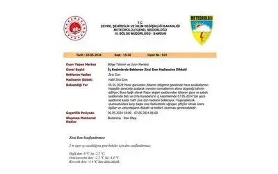 Samsun için zirai don uyarısı
