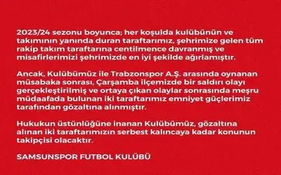 Samsunspor’dan gözaltına alınan taraftarları için açıklama
