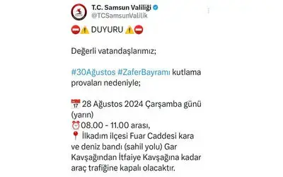 Samsun’da 30 Ağustos provaları nedeniyle bazı yollar trafiğe kapalı olacak
