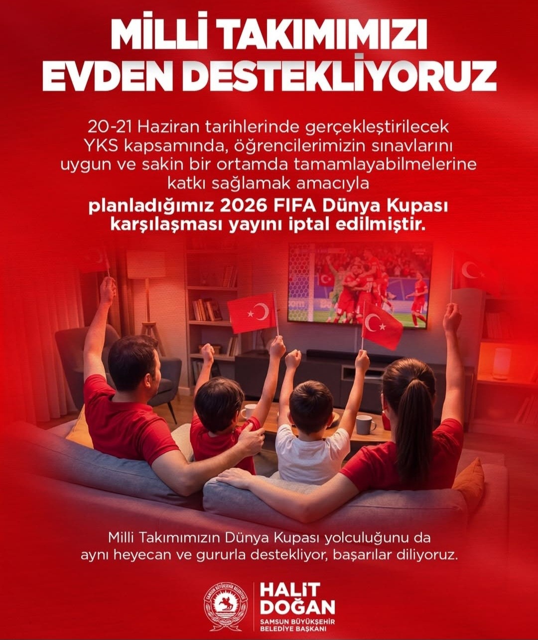 Samsun’da Milli Maç Gösterimine Yks Arası
 - Samsun Büyükşehir Belediyesi (SBB), Yükseköğretim Kurumları Sınavı (YKS) nedeniyle yoğunluk oluşmaması adına Türkiye-Paraguay maçının meydanlarda yayımlanmayacağını açıkladı.