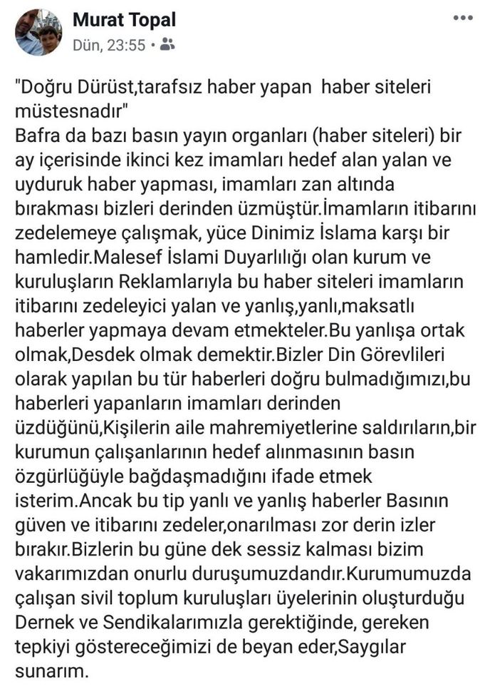 İmamların Başkanı Topal İmamlar Hakkında Bir Kelime Yazmazken Bafra Haber’i Hedef Aldı