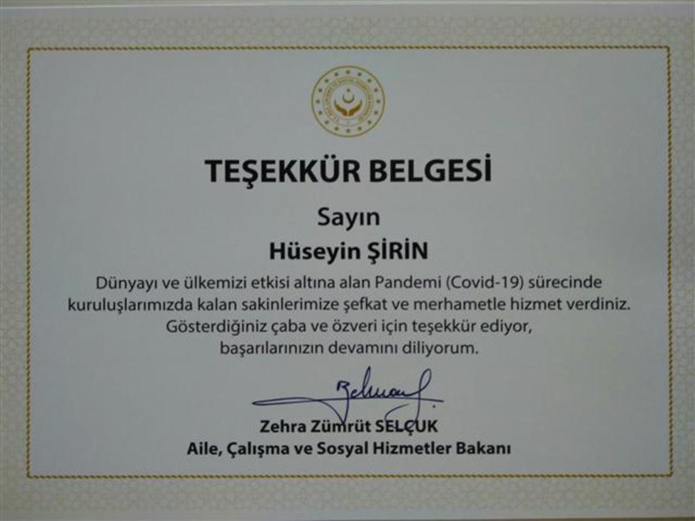 Bakan Selçuk'tan Bafra Huzurevi Çalışanına Teşekkür Belgesi