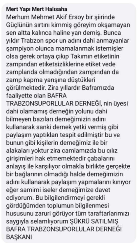 Bafra Trabzonspor Platformuna Sataşan Şahsa Cevap: Tabela Derneği